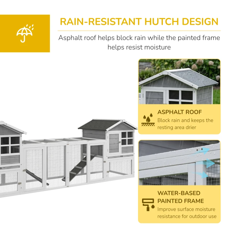 PawHut 2 in 1 Rabbit Hutch Outdoor Guinea Pig Hutch Bunny Run Double Main House with Run, No-Leak Tray 259 x 64 x 92cm, Grey