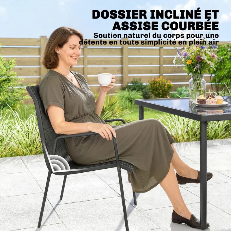 Outsunny Salon de Jardin 6 Personnes Ensemble Table et Chaises Jardin avec Chaises Empilables en Textilène 70x51x87cm Noir