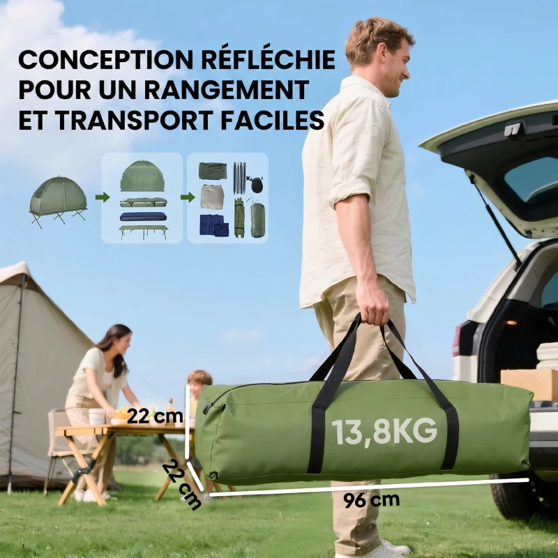4 en 1 tente surélevée avec lit de camping pliable +sac de couchage +matelas pneumatique+pompe