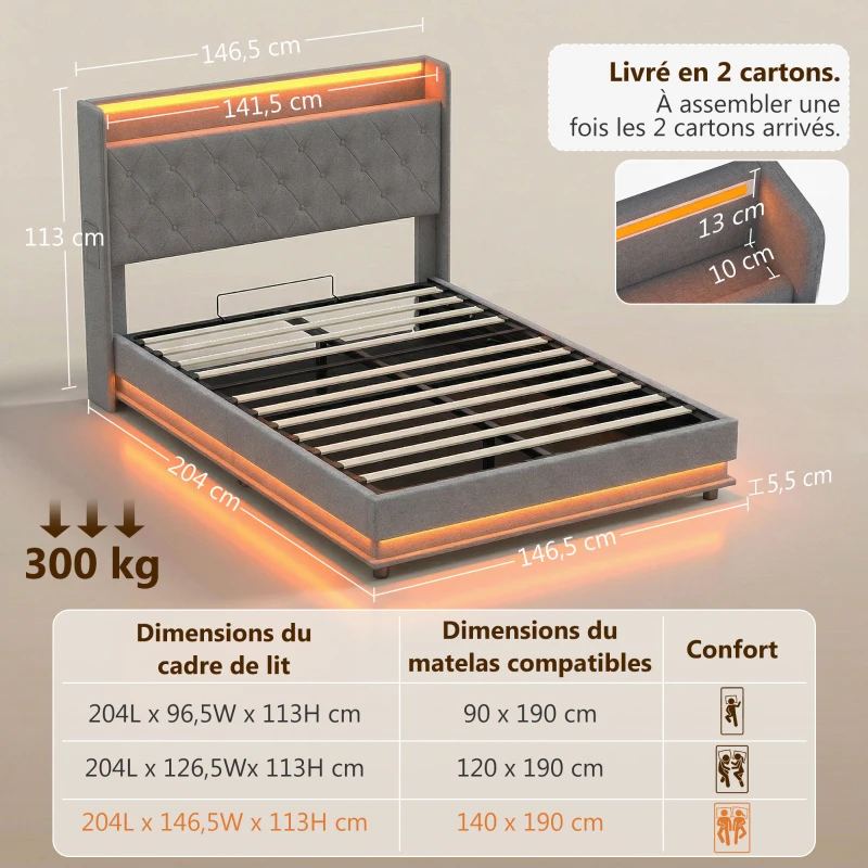 HOMCOM Lit coffre 140x190cm éclairage LED et station de charge cadre de lit double rembourré lin rangement hydraulique gris