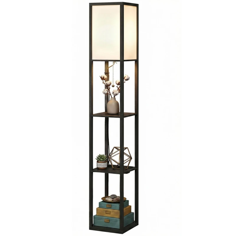 HOMCOM Floor Lamp with Shelves, 3 Layer Column Modern Standing Lamp for Living Room, Bedroom, Office, Black