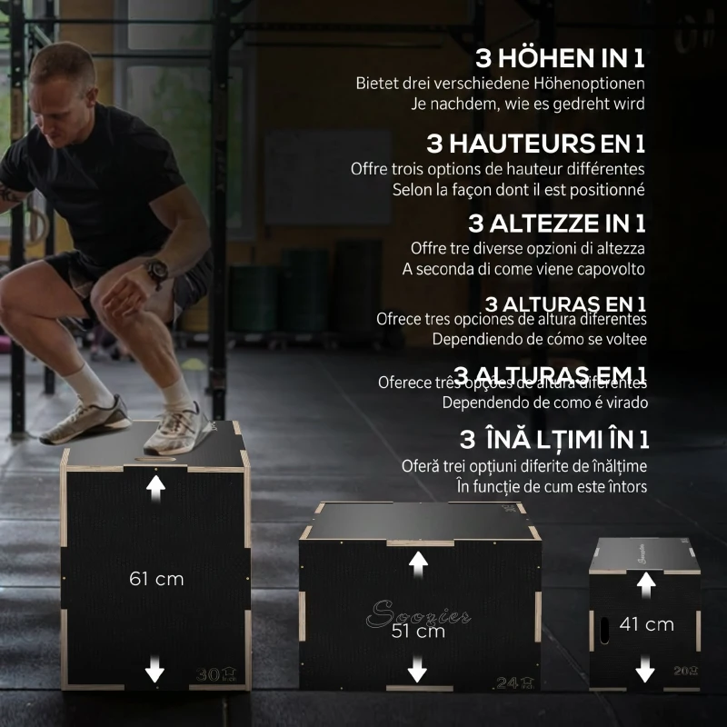 SPORTNOW Cutie Pliometrică pentru Sărituri cu 3 Înălțimi din Lemn Antiderapant, 61-51-41 cm, Negru