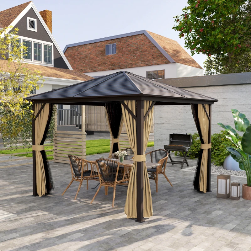 Outsunny 3 x 3(m) Metal Hardtop Gazebo, with Curtains and Accessories - Brown