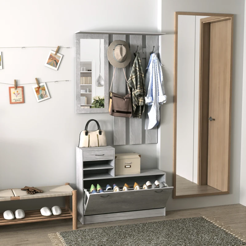 HOMCOM Ensembles 3 en 1 de meuble d'entrée vestiaire avec panneau porte-manteau, miroir et banc à chaussures - 6 crochets et étagère réglable, effet béton gris