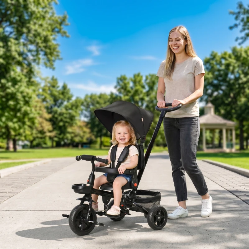 HOMCOM Dreirad mit Schubstange drehbarer Sitz 4-in-1 Kinderdreirad Kinder Fahrrad klappbar abnehmbar Kinderauto Metall EVA Schwarz 111,5 x 52 x 98 cm