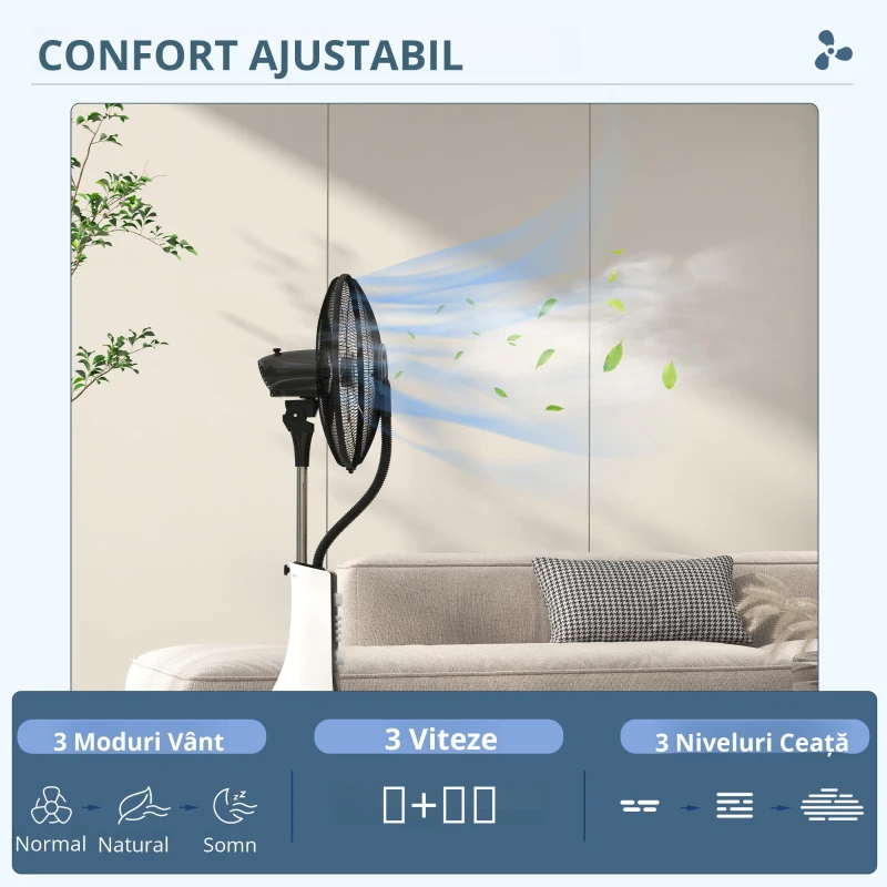 HOMCOM Ventilator cu Nebulizator, Rezervor de 3L, 3 Moduri și 3 Viteze, 44.5x38.5x120 cm, Alb și Negru