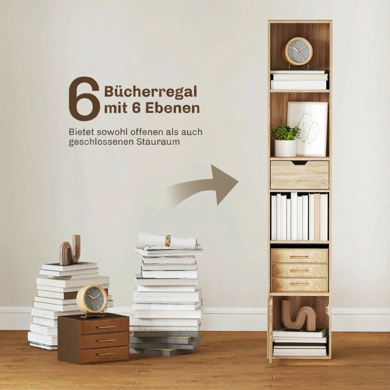 HOMCOM Bibliothèque, étagère à livres, meuble de rangement avec tiroir placard compartiments ouvertes, 30 x 24 x 158 cm naturel