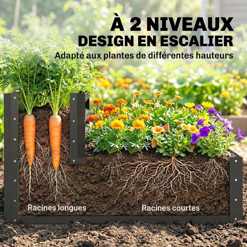 Outsunny Carré potager de jardin fond ouvert 2 étages pour herbes légumes fruits fleurs 120 x 101 x 58 cm gris foncé