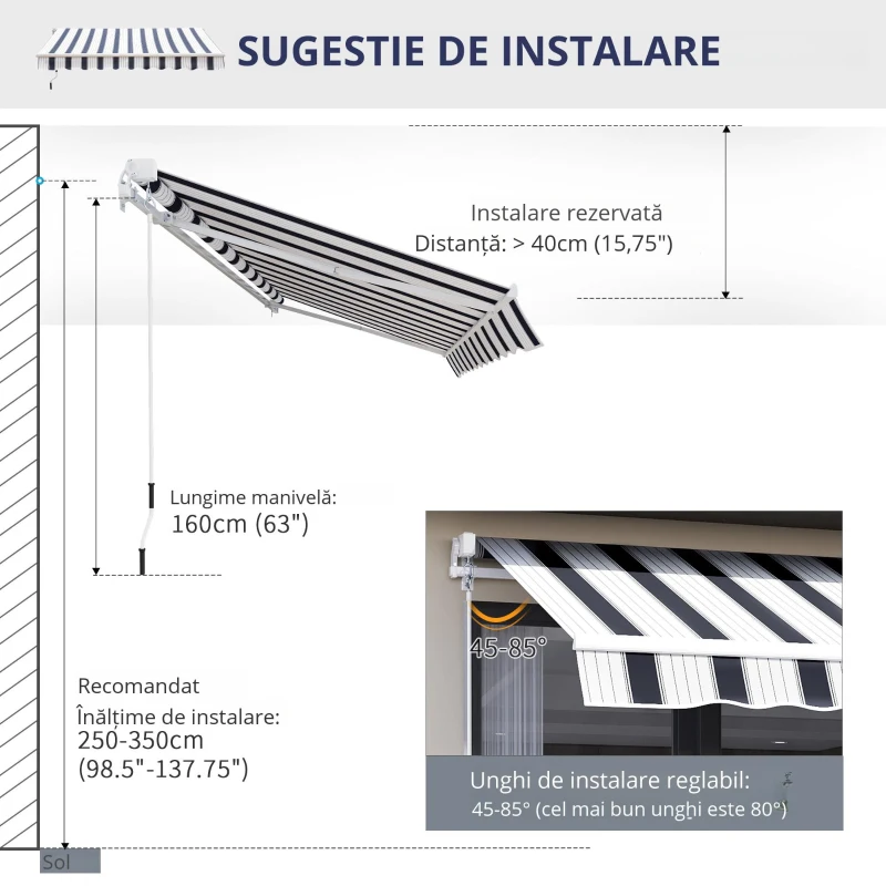 Outsunny Perdea Soare Rulanta de Perete Manuala cu Dungi , Albastr si alb, 2.5x2m
