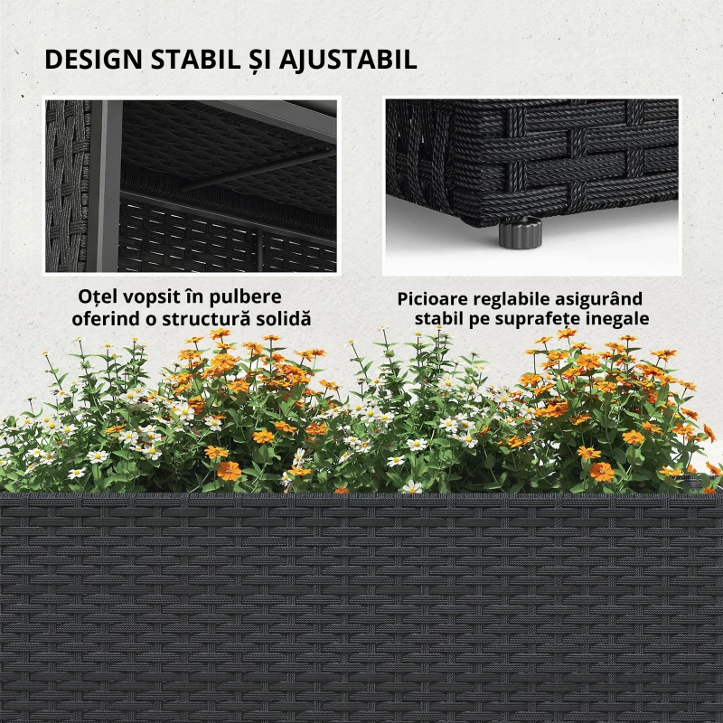 Outsunny Jardinieră înălțată din rășină împletită, suport flori cu vas detașabil și picioare reglabile, cadru din oțel, negru