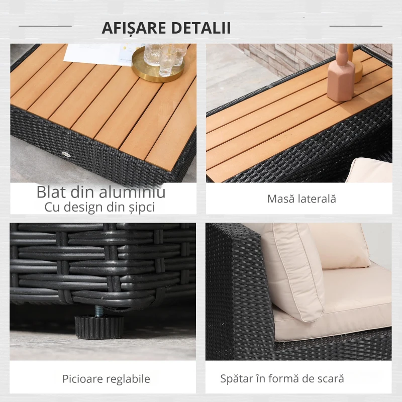 Outsunny Set Salon de Gradina 4 Piese din Ratan, Canapea de Exterior Coltar cu Perne, Masute Laterale si Masa de Cafea, Negru