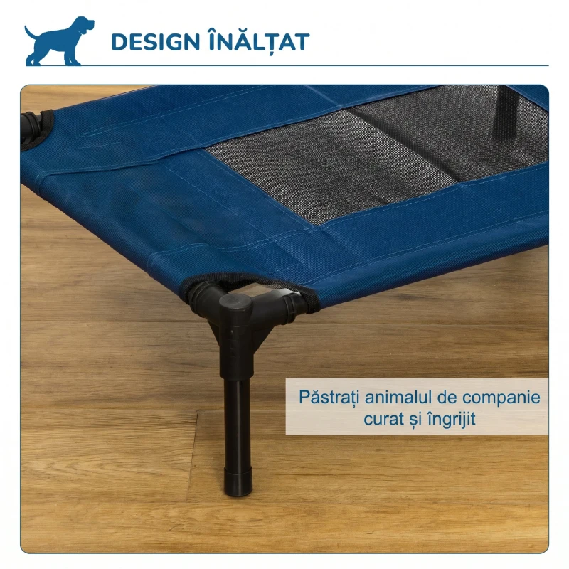 PawHut Pat pentru Câini Ridicat cu Șezut Respirabil, din Oțel și Țesătură, 61x46x18 cm, Albastru Închis și Negru