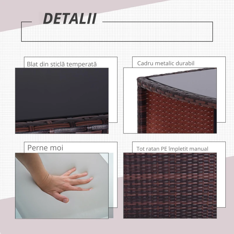 Outsunny Set Mobilier pentru Grădină din Poly Ratan și Fier 3buc Set Masă și Scaune pentru Grădină Maro și Bej