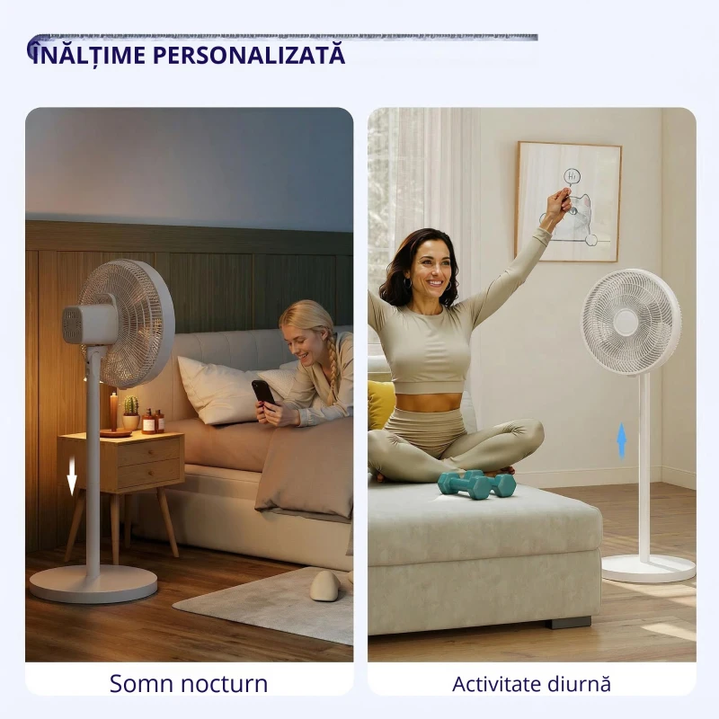 HOMCOM Ventilator de Podea cu Telecomandă, Reglabil pe Înălțime, 4 Viteze, Oscilație 80°, Timer 10 Ore, Alb, Ø40x90.5-118.5Î cm