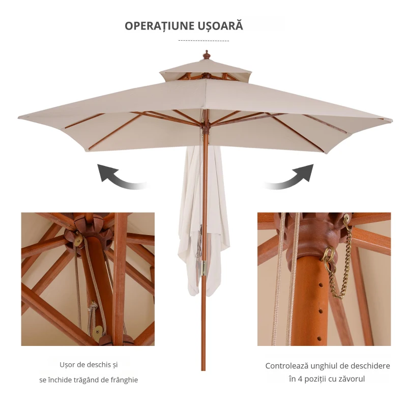 Outsunny Umbrela de Soare de Gradina Acoperis Dublu , Bambu si Poliester,Crema, 3x3m