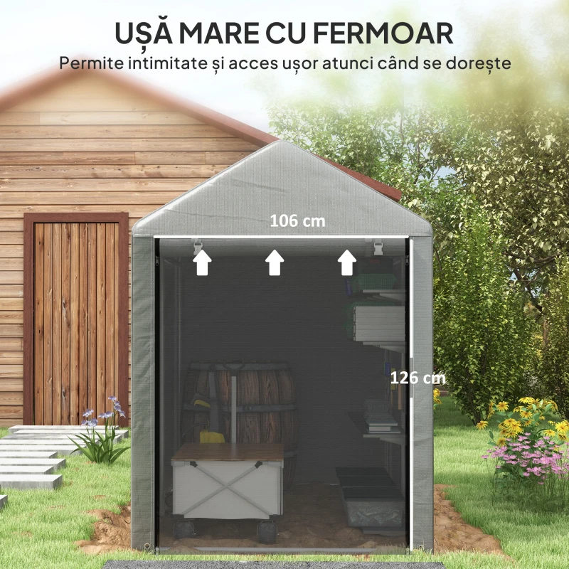 Outsunny Magazie pentru Unelte Garaj Cort cu Acoperire Anti-UV și Cadru Metalic, 120x179x165cm, Gri Deschis(m-6)