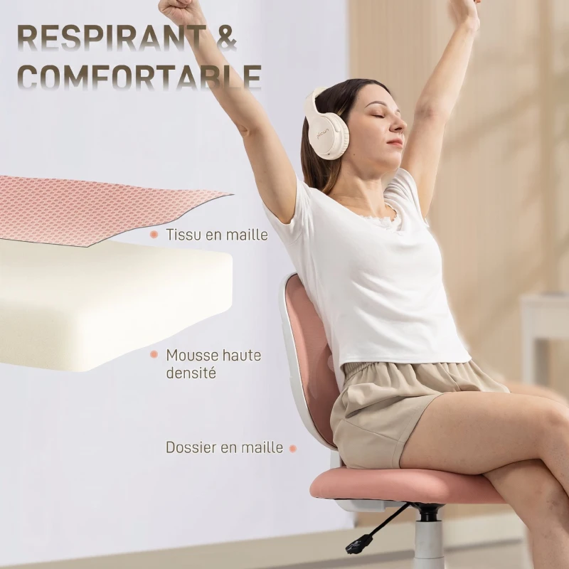 HOMCOM Chaise de Bureau Ergonomique sans Accoudoirs, Fauteuil de Bureau en Maille, Hauteur Réglable, Rose