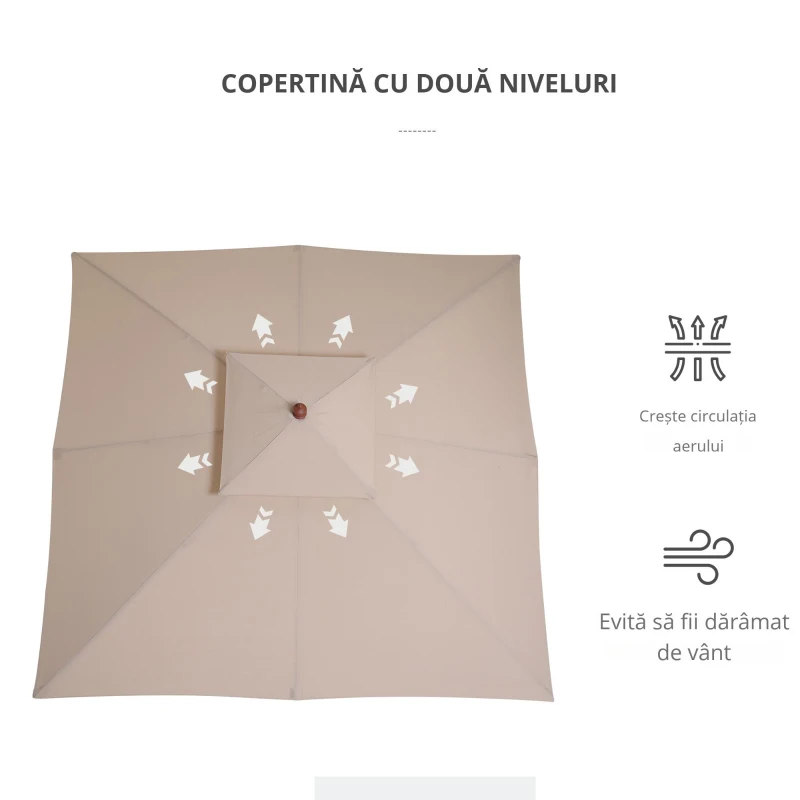 Outsunny Umbrela de Soare de Gradina Acoperis Dublu , Bambu si Poliester,Crema, 3x3m