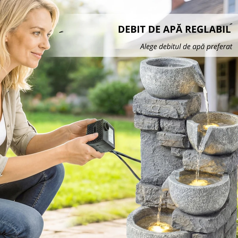 Outsunny Fântână de grădină Cascadă 4 niveluri Decorațiune efect piatră și cărămidă cu iluminare LED 28 x 25 x 54,5 cm Gri