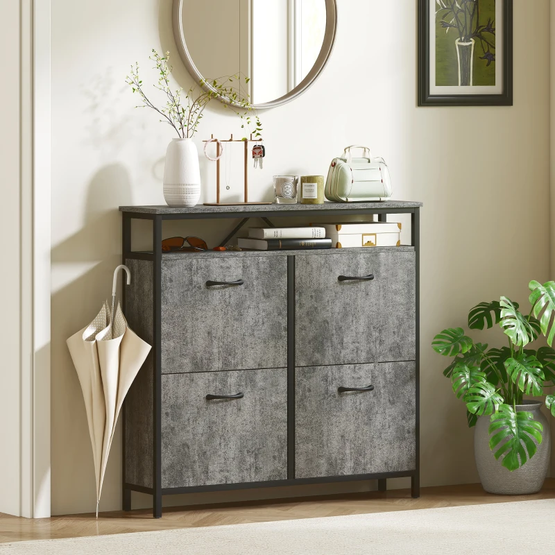 HOMCOM Shoe Storage Cabinet with 4 Flip Drawers and Open Shelf - Cement Grey
