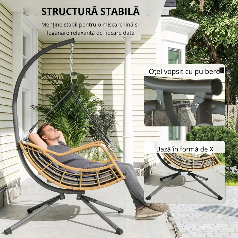 Outsunny Fotoliu suspendat din rășină împletită cu suport, scaun suspendat, pernă, prindere de siguranță, înălțime reglabilă, gri
