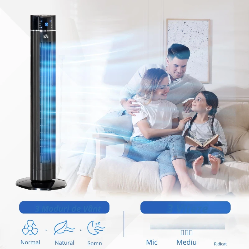 HOMCOM Ventilator pe coloană 60W cu 3 viteze, 3 moduri și temporizator 8h, din ABS, Ø32x106,8 cm, negru