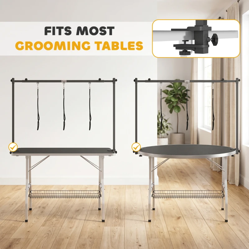 PawHut Dog Grooming Arm Adjustable H-Shape Dog Grooming Table Arm with Clamp and 3 Nooses Black