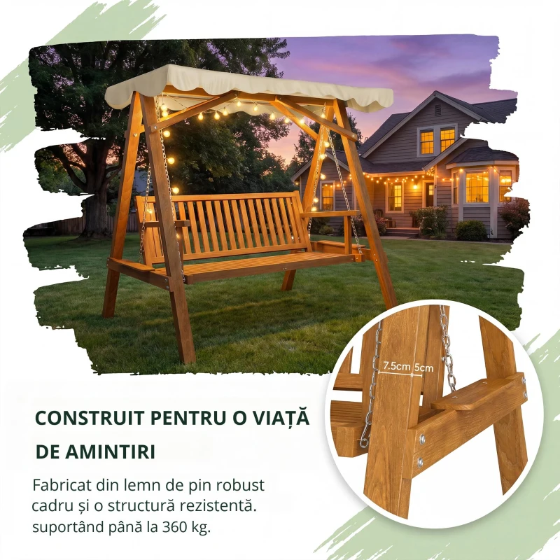 Outsunny Balansoar de Gradina 2 Locuri din Lemn de Pin cu Acoperis Parasolar,Alb
