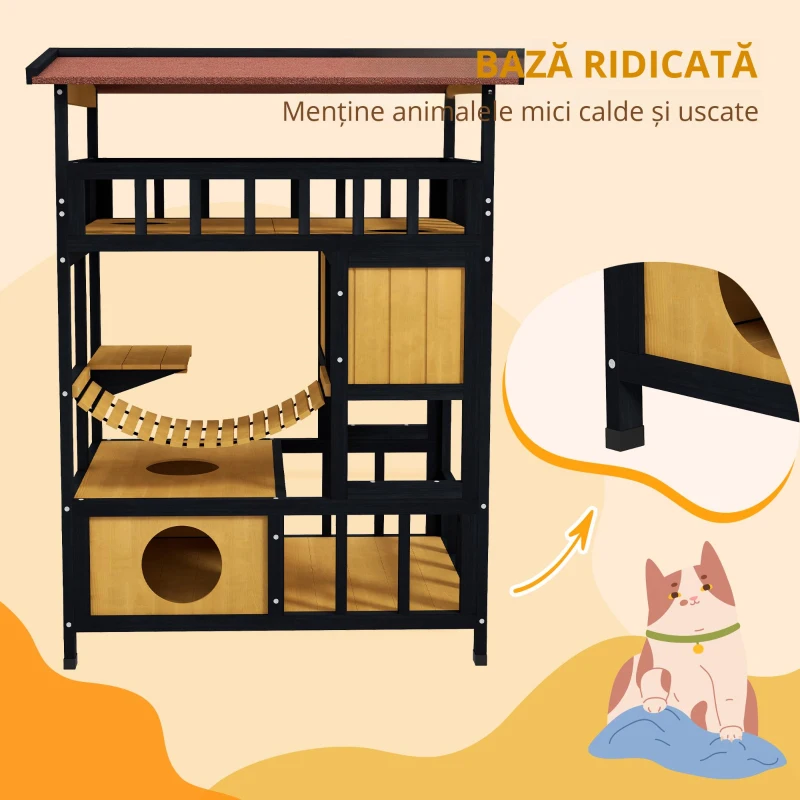 PawHut Casă de pisici, Paradisul pisicilor cu platforme, pod suspendat și cuiburi de pisici, potrivit pentru până la 2 pisici, lemn