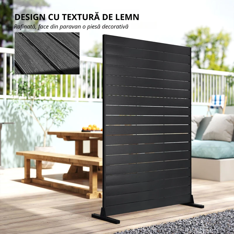 Outsunny Paravan din 6 panouri din HDPE 120x174 cm, separator de încăperi cu suport, aspect de lemn, negru