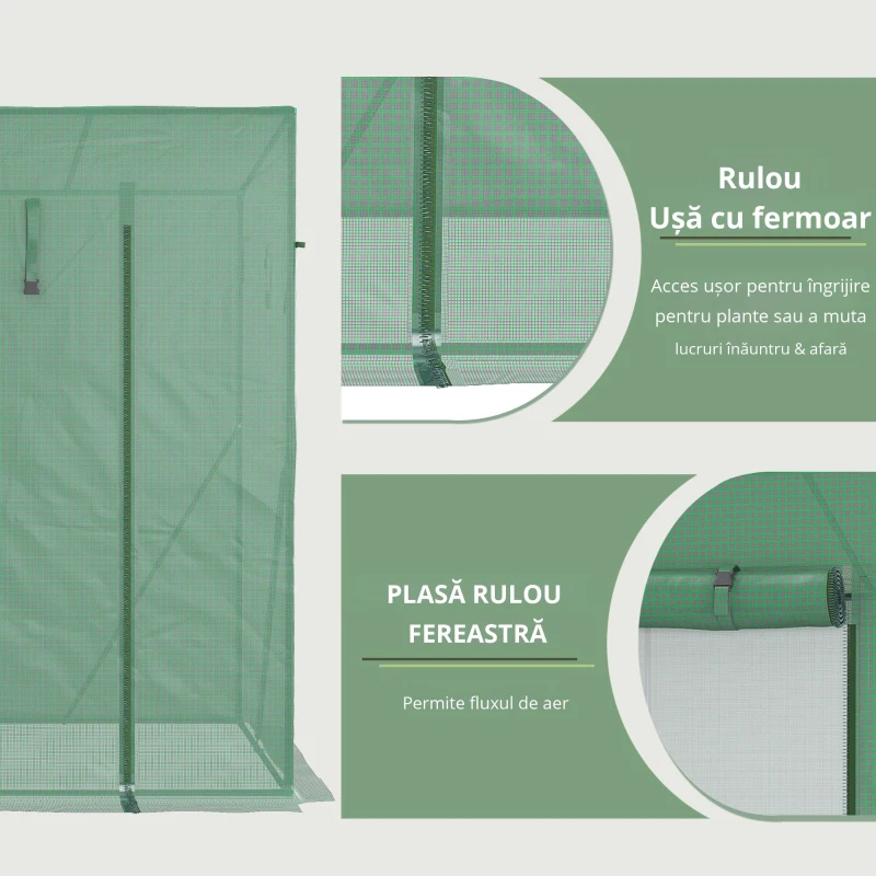 Outsunny Sera de gradina din PE si otel cu 4 carlige, 2 ferestre laterale si copertina superioara ranforsata, 200x77x148-169 cm