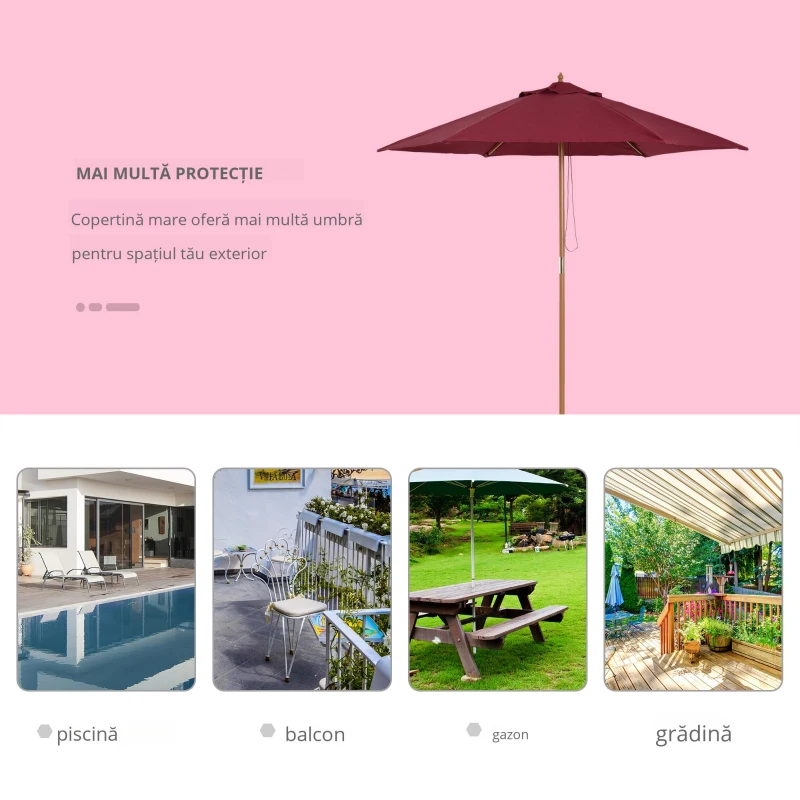 Outsunny Umbrela din lemn pentru soare, bordo, Φ2.5m