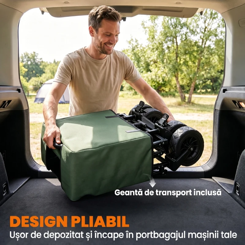 Outsunny Cărucior de grădină 110L cu mâner telescopic și bază rabatabilă din oțel și material textil Oxford, culoare kaki