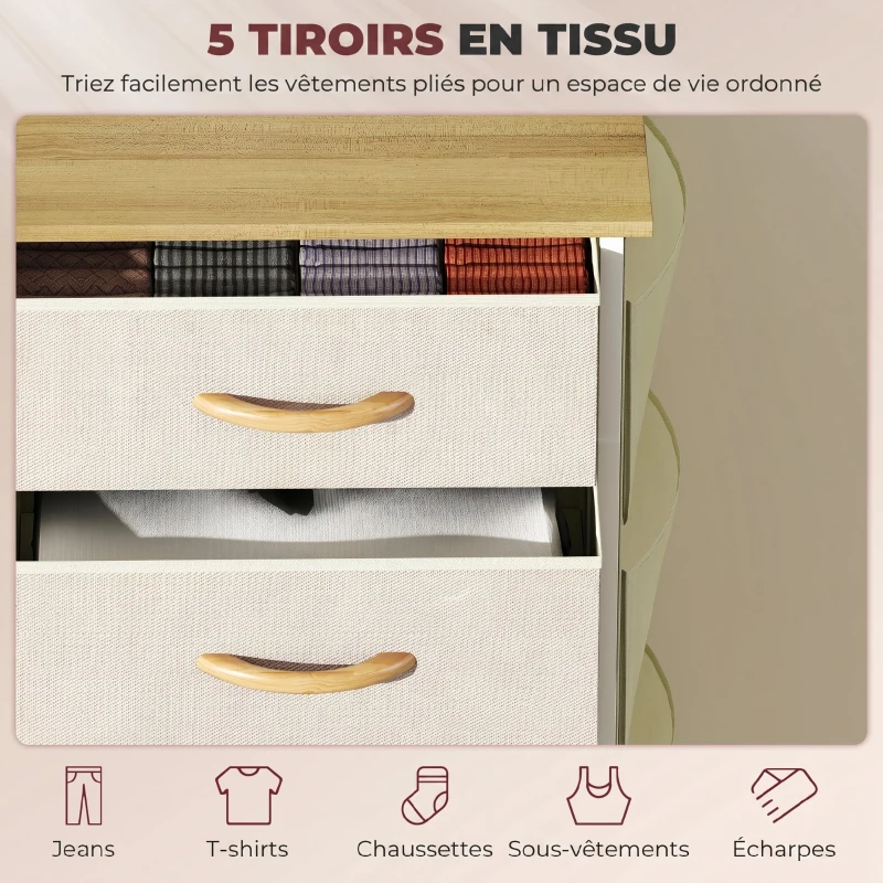 HOMCOM Commode 5 tiroirs en tissu, meuble de rangement avec 4 poches, 2 crochets, structure en acier, 45 x 30 x 94,5 cm, beige