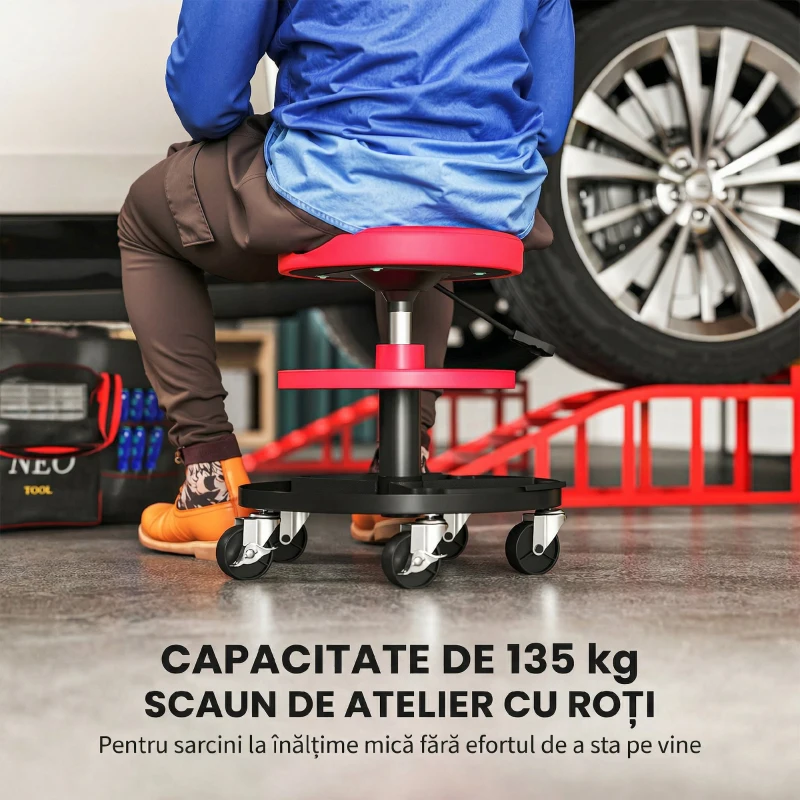 HOMCOM Scaun de Atelier cu Roți de 6 cm, Capacitate până la 135 kg, Înălțime Reglabilă 40-51 cm, cu Tăvi pentru Scule, Roșu