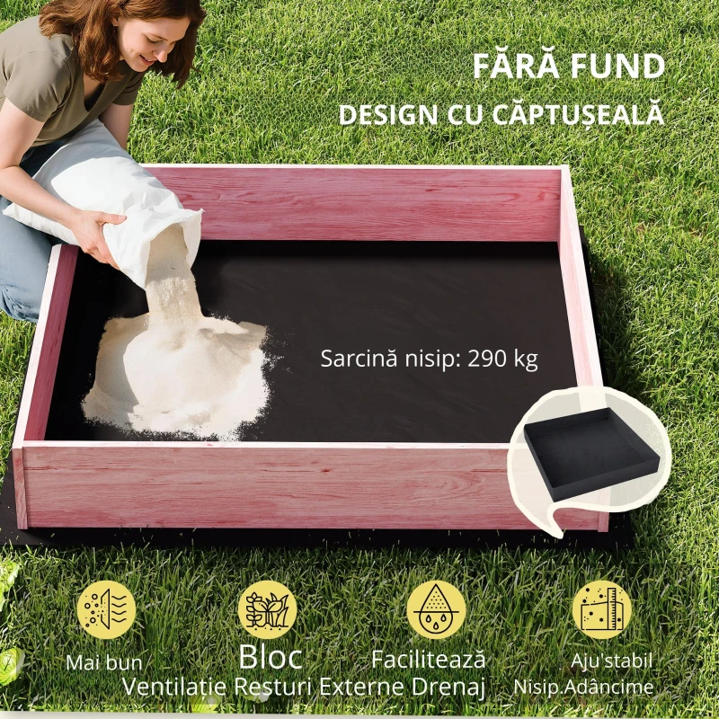 AIYAPLAY Ladă de Nisip pentru Copii 3-6 Ani cu Acoperiș cu Flamingo, Scaune Pliabile, Capac și Husă Incluse, Ladă de Joacă din Lemn de Brad, 134,5x127,5x130 cm, Roz