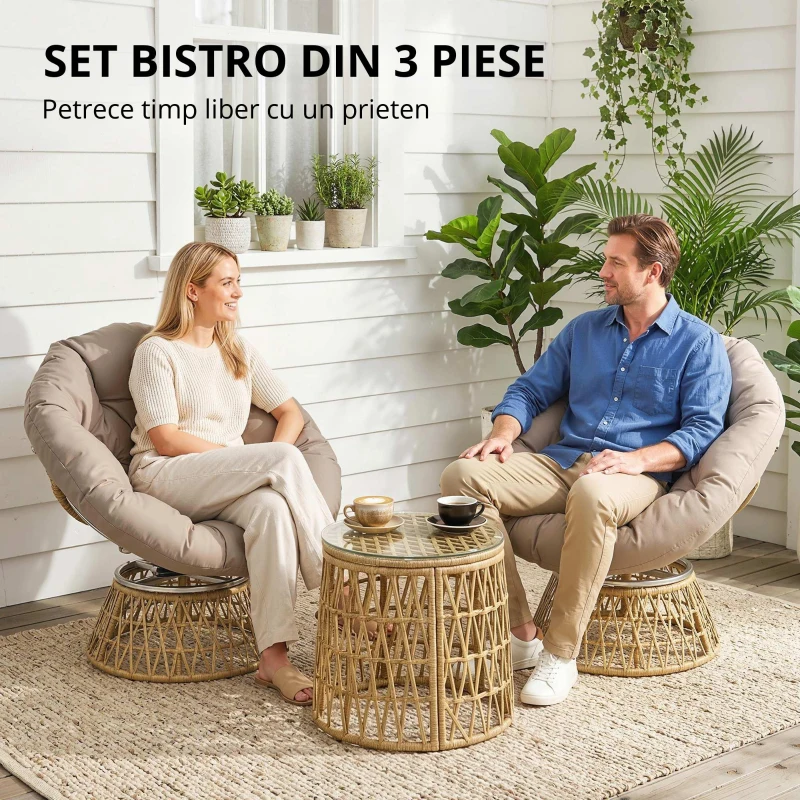 Outsunny Set de bistro pentru balcon, set de terasă, set rezistent la intemperii, perne detașabile, 85 cm x 70 cm x 82 cm, Natural + Maro deschis