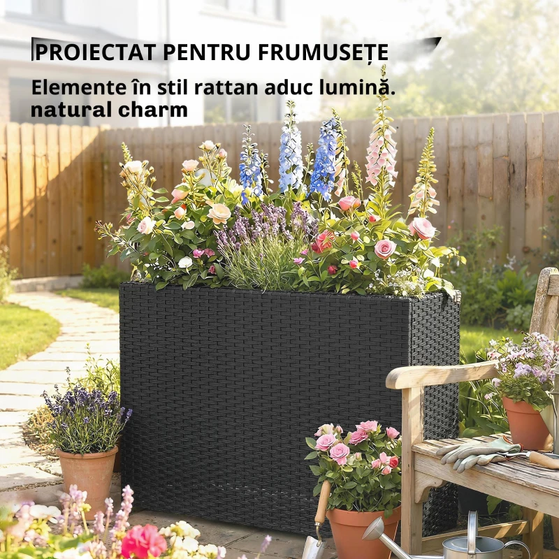 Outsunny Jardinieră înălțată din rășină împletită, suport flori cu vas detașabil și picioare reglabile, cadru din oțel, negru