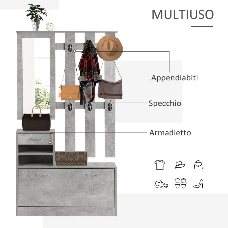 HOMCOM Mobile da Ingresso Appendiabiti con Scarpiera e Specchio Grigio Cemento