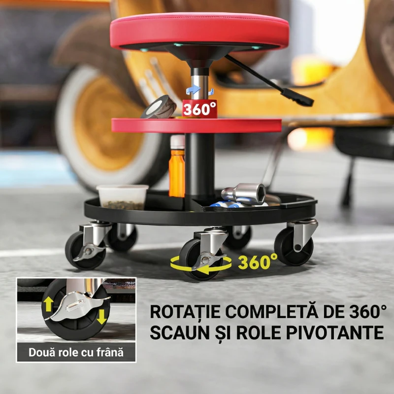 HOMCOM Scaun de Atelier cu Roți de 6 cm, Capacitate până la 135 kg, Înălțime Reglabilă 40-51 cm, cu Tăvi pentru Scule, Roșu