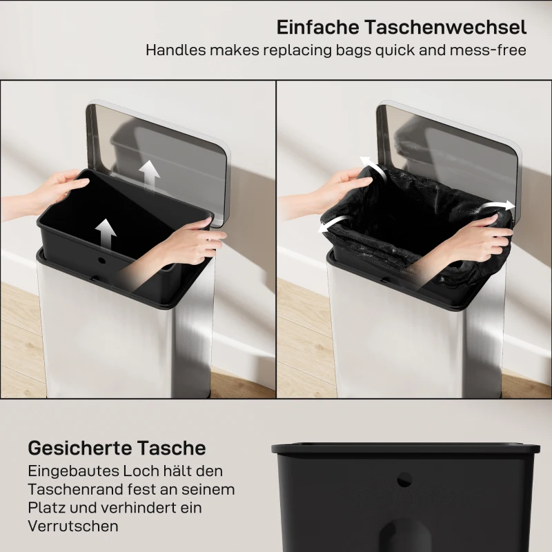 HOMCOM Mülleimer 20 L Treteimer mit Softclose-Deckel, Pedal, abnehmbar Inneneimer Silber, 34,2 x 30,6 x 44,2 cm