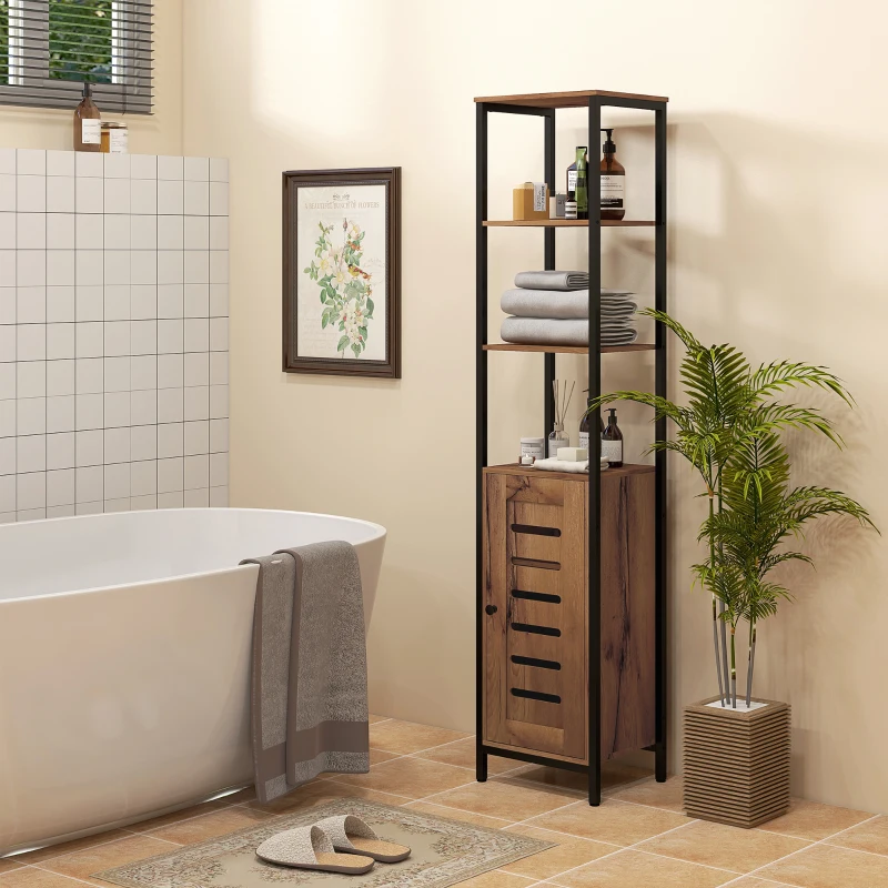 kleankin Columna de Baño Estrecha con Puerta de Lamas Estantes Ajustables Compartimentos Abiertos 37x30x167 cm Marrón Rústico