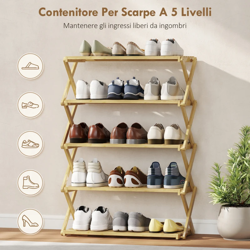 HOMCOM Mobile per Scarpe Pieghevole a 5 Livelli Pronto all'Uso, in Bambù, 60x29x88 cm, color Legno