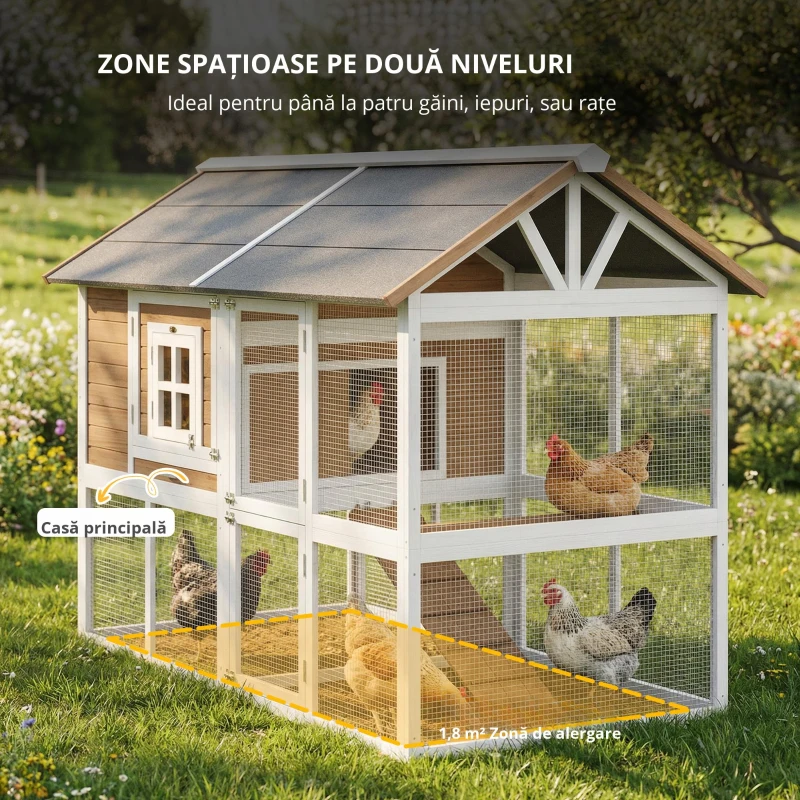 PawHut Adăpost pentru găini cu țarc Cuib tavă extractabilă acoperiș din asfalt pentru 4 găini 200x104x145cm lemn Maro