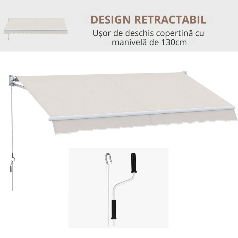 Outsunny Copertina pentru soare cu brate si actionare manuala, din aluminiu si poliester pentru exterior, 295x200 cm, alb crem