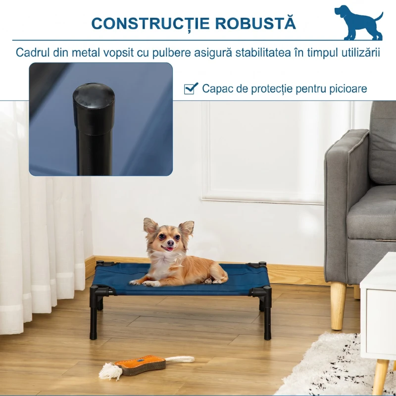 PawHut Pat pentru Câini Ridicat cu Șezut Respirabil, din Oțel și Țesătură, 61x46x18 cm, Albastru Închis și Negru