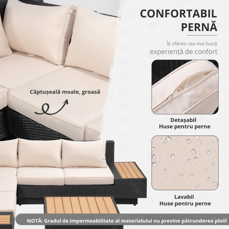 Outsunny Set Salon de Gradina 4 Piese din Ratan, Canapea de Exterior Coltar cu Perne, Masute Laterale si Masa de Cafea, Negru