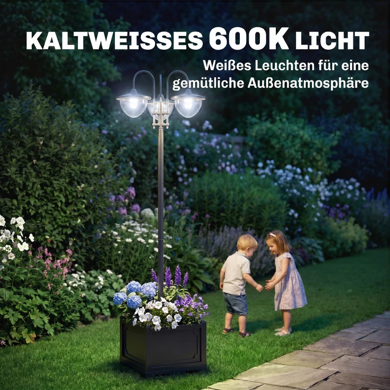 Outsunny Solar Laterne Stehleuchte aus Metall, Gartenlaterne mit Lichtsteuerung, 189 cm hoch, Windlicht Außenleuchte, Wasserdicht IP44 mit Blumentopf-Basis für Garten Balkon Deko Schwarz