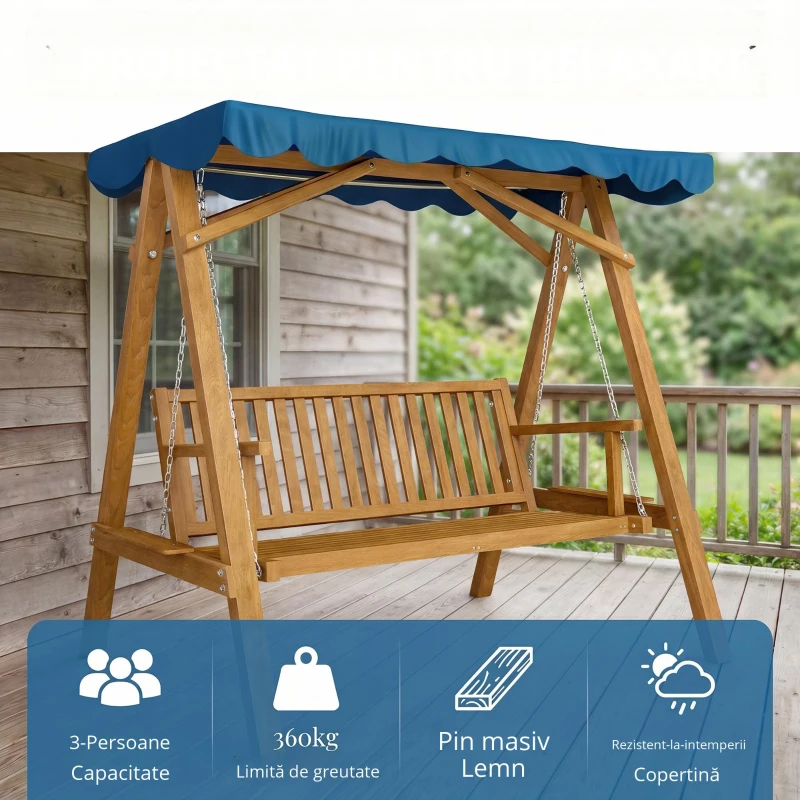 Outsunny leagan de gradina cu 3 locuri, lemn, 200x130x185 cm