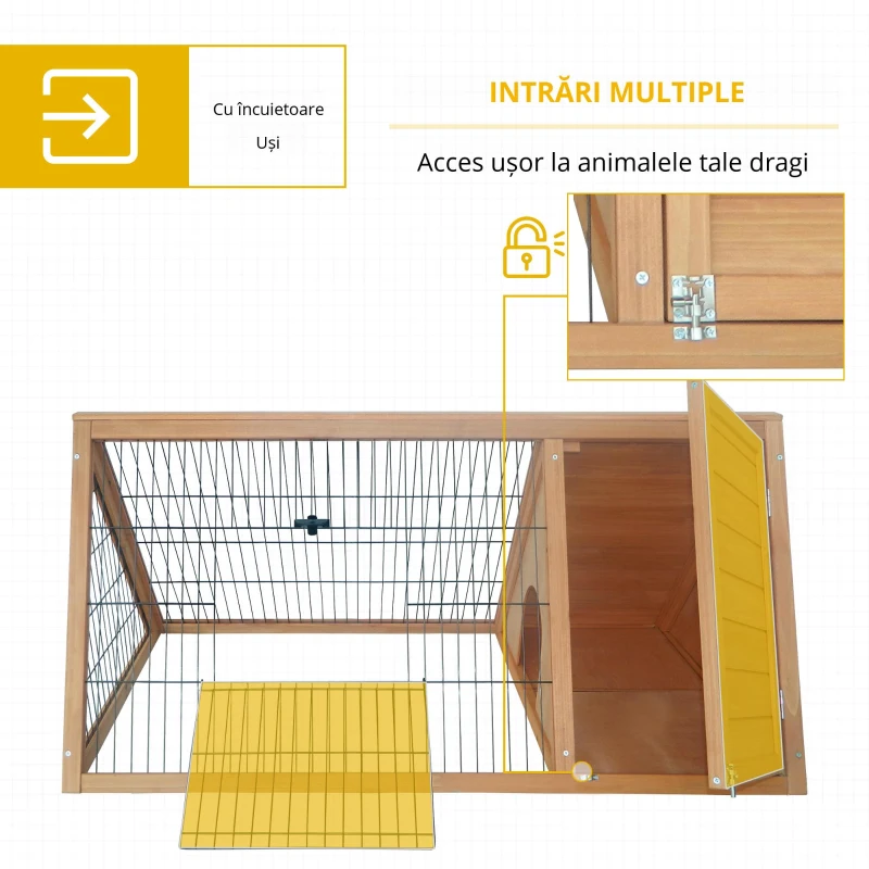 PawHut Clapier triunghiular de sol, tarc exterior, cuib dublu uși pentru iepuri, pui de găină, broască țestoasă, dim. 116L x 62,2l x 52,5H cm, lemn masiv de pin